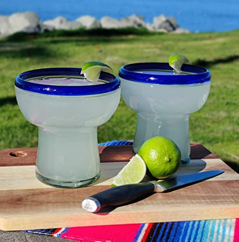 Dos Sueños Mexican Hand Blown Glass – Set of 4 Hand Blown Stemless Blue Rim Margarita Glasses (14oz) - My Kitchen Products