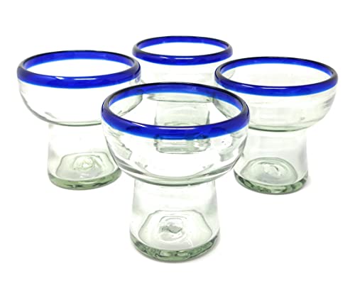 Dos Sueños Mexican Hand Blown Glass - Set of 4 Hand Blown Stemless Blue Rim Margarita Glasses (14oz)