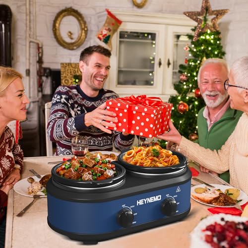 Double Slow Cooker, Buffet Servers and Warmers, Dual 2 Pot Slow Cooker Food Warmer, Adjustable Temp Dishwasher Safe Removable Ceramic Pot Glass Lid, 2 x 1.25 QT Portable Small Crock Cooker,Blue - My Kitchen Products