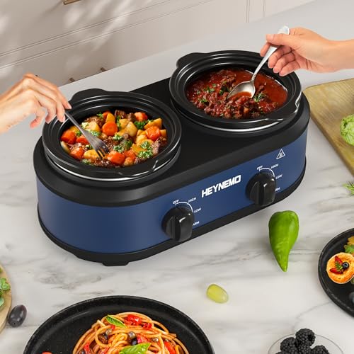 Double Slow Cooker, Buffet Servers and Warmers, Dual 2 Pot Slow Cooker Food Warmer, Adjustable Temp Dishwasher Safe Removable Ceramic Pot Glass Lid, 2 x 1.25 QT Portable Small Crock Cooker,Blue - My Kitchen Products