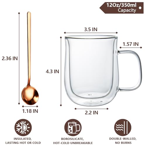 Double Walled Glass Coffee Mugs 12 oz, Glass Coffee Cups Set of 4 with Spoons, Clear Coffee Mug with Handles for Hot Beverages, Cappuccino, Latte, and Tea Bags. - My Kitchen Products
