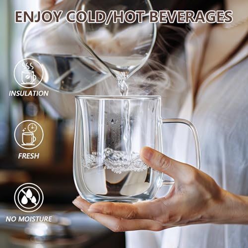 Double Walled Glass Coffee Mugs 12 oz, Glass Coffee Cups Set of 4 with Spoons, Clear Coffee Mug with Handles for Hot Beverages, Cappuccino, Latte, and Tea Bags. - My Kitchen Products