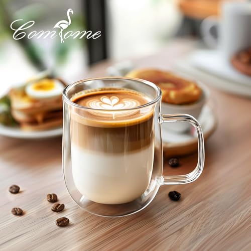Double Walled Glass Coffee Mugs 12 oz, Glass Coffee Cups Set of 4 with Spoons, Clear Coffee Mug with Handles for Hot Beverages, Cappuccino, Latte, and Tea Bags. - My Kitchen Products