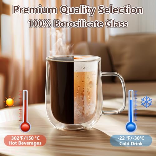 Double Walled Glass Coffee Mugs 12 oz, Glass Coffee Cups Set of 4 with Spoons, Clear Coffee Mug with Handles for Hot Beverages, Cappuccino, Latte, and Tea Bags. - My Kitchen Products