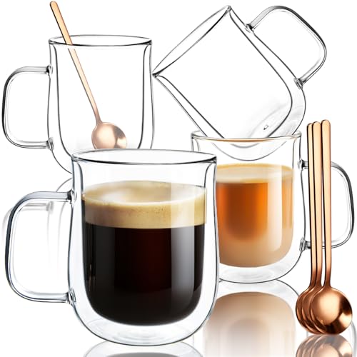 Double Walled Glass Coffee Mugs 12 oz, Glass Coffee Cups Set of 4 with Spoons, Clear Coffee Mug with Handles for Hot