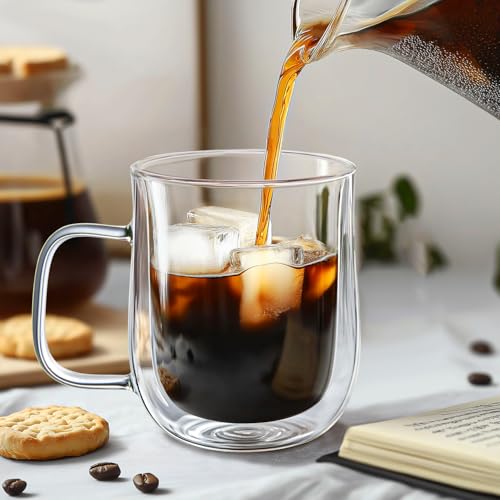 Double Walled Glass Coffee Mugs 12 oz, Glass Coffee Cups Set of 4 with Spoons, Clear Coffee Mug with Handles for Hot Beverages, Cappuccino, Latte, and Tea Bags. - My Kitchen Products