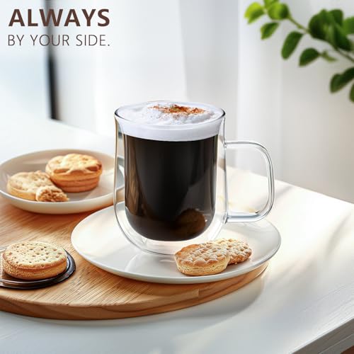 Double Walled Glass Coffee Mugs 12 oz, Glass Coffee Cups Set of 4 with Spoons, Clear Coffee Mug with Handles for Hot Beverages, Cappuccino, Latte, and Tea Bags. - My Kitchen Products