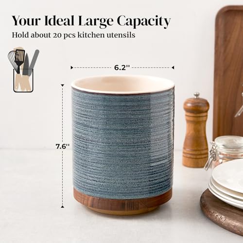DOWAN 360° Rotating Extra Large Cooking Utensil Holder, 7.6" Kitchen Utensil Holder for Countertop, Utensil Crock for Farmhouse Kitchen Decor, Ceramic Stable Utensil Caddy, Blue - My Kitchen Products