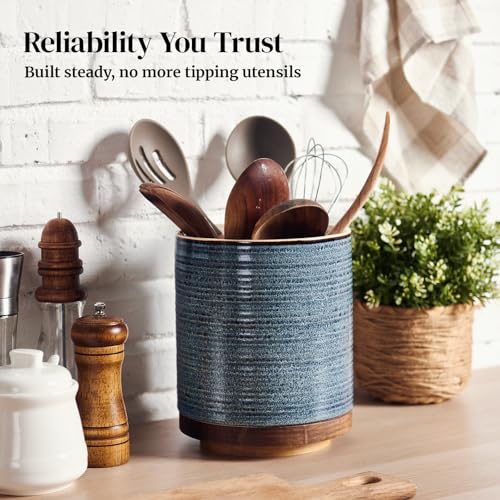 DOWAN 360° Rotating Extra Large Cooking Utensil Holder, 7.6" Kitchen Utensil Holder for Countertop, Utensil Crock for Farmhouse Kitchen Decor, Ceramic Stable Utensil Caddy, Blue - My Kitchen Products