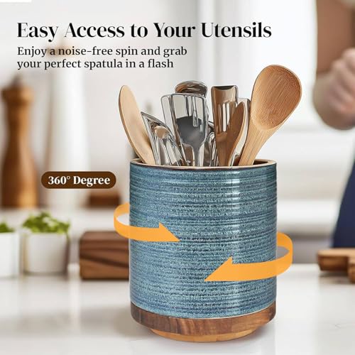 DOWAN 360° Rotating Extra Large Cooking Utensil Holder, 7.6" Kitchen Utensil Holder for Countertop, Utensil Crock for Farmhouse Kitchen Decor, Ceramic Stable Utensil Caddy, Blue - My Kitchen Products