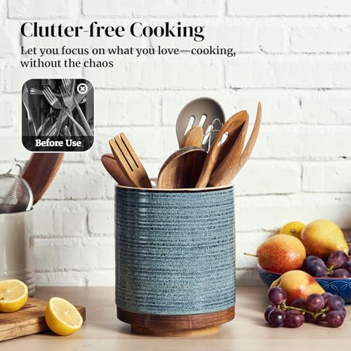 DOWAN 360° Rotating Extra Large Cooking Utensil Holder, 7.6" Kitchen Utensil Holder for Countertop, Utensil Crock for Farmhouse Kitchen Decor, Ceramic Stable Utensil Caddy, Blue - My Kitchen Products