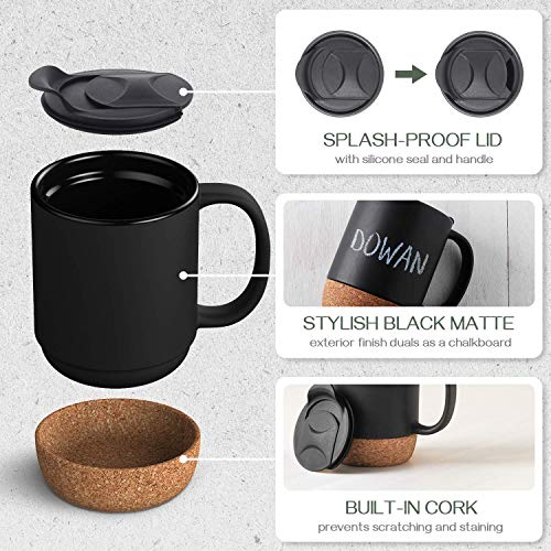 DOWAN Coffee Mugs, 15 oz Mug Set of 2, Large Ceramic Coffee Mug with Cork Bottom and Spill Proof Lid for Mom Dad, Big Mug for Latte Tea, Matte Grey - My Kitchen Products