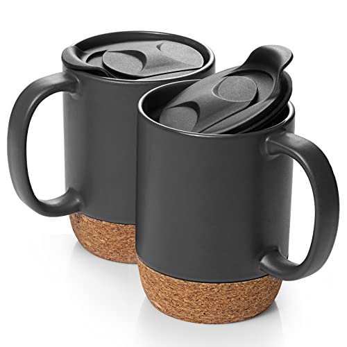 DOWAN Coffee Mugs, 15 oz Mug Set of 2, Large Ceramic Coffee Mug with Cork Bottom and Spill Proof Lid for Mom