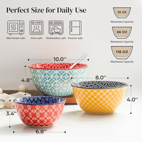 DOWAN Mixing Bowls, Ceramic Mixing Bowls for Kitchen, Colorful Vibrant Nesting Bowls for Cooking, Baking, Prepping, Serving, Salad, Housewarming Gift, Microwave Dishwasher Safe, 3.7/2/1 Qt, Set of 3 - My Kitchen Products