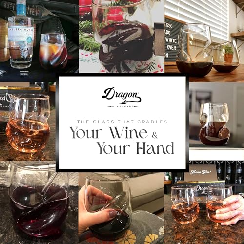 Dragon Glassware Stemless Wine Glasses - 16 oz Clear Short Wine Glasses Set of 2 with Finger Indentations - Aerates Naturally - My Kitchen Products