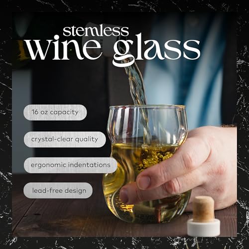 Dragon Glassware Stemless Wine Glasses - 16 oz Clear Short Wine Glasses Set of 2 with Finger Indentations - Aerates Naturally - My Kitchen Products