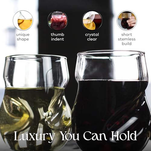 Dragon Glassware Stemless Wine Glasses - 16 oz Clear Short Wine Glasses Set of 2 with Finger Indentations - Aerates Naturally - My Kitchen Products