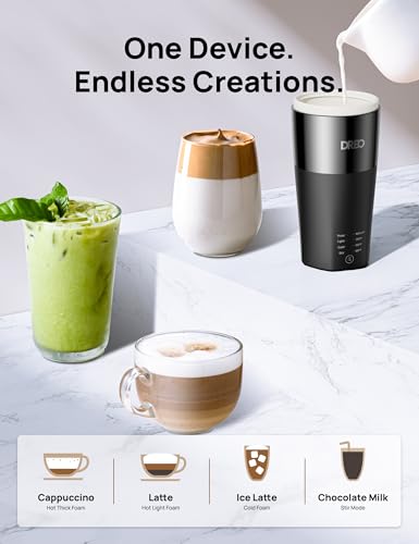 DREO Milk Frother, 4-in-1 Electric Frother for Coffee, Hot and Cold Foam Maker for Cappuccino, Flat-white, Latte with Plant-based and Dairy Milk, Multi-stage, Easy to Clean, Temperature Control, Black - My Kitchen Products