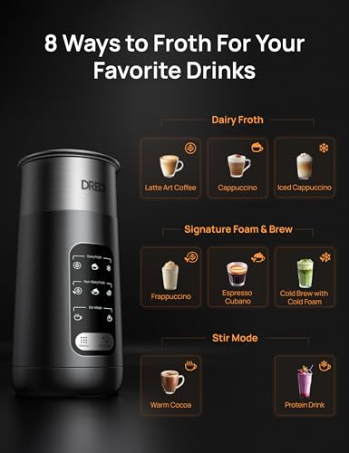 DREO Milk Frother, 8-in-1 Electric Stainless Steel Frother for Latte Art Microfoam and Coffee, 9oz/270ml Warm and Cold Foam Automatic Frothers, LED, Easy to Clean - My Kitchen Products