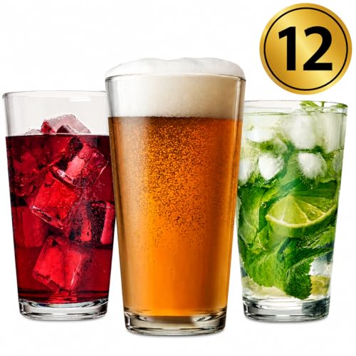 Drinking Glasses Set of 12-16 oz Glass Cups - Pint & Beer Glasses - Dishwasher Safe Water Glasses - Highball Tumblers - My Kitchen Products