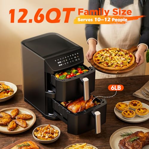 Dual Basket Air Fryer, 12.6QT Family-Size for 10–12 People, XL Basket for 6LB Whole Chicken, DoubleStack Compact Design, 10-in-1 Functions with Reheat, Dehydrate & SyncFinish, Dishwasher-Safe, Black - My Kitchen Products