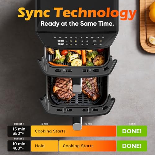 Dual Basket Air Fryer, 12.6QT Family-Size for 10–12 People, XL Basket for 6LB Whole Chicken, DoubleStack Compact Design, 10-in-1 Functions with Reheat, Dehydrate & SyncFinish, Dishwasher-Safe, Black - My Kitchen Products