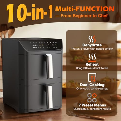 Dual Basket Air Fryer, 12.6QT Family-Size for 10–12 People, XL Basket for 6LB Whole Chicken, DoubleStack Compact Design, 10-in-1 Functions with Reheat, Dehydrate & SyncFinish, Dishwasher-Safe, Black - My Kitchen Products