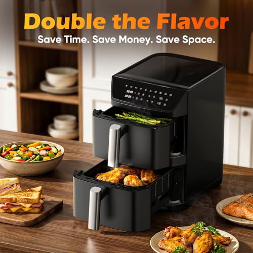 Dual Basket Air Fryer, 12.6QT Family-Size for 10–12 People, XL Basket for 6LB Whole Chicken, DoubleStack Compact Design, 10-in-1 Functions with Reheat, Dehydrate & SyncFinish, Dishwasher-Safe, Black - My Kitchen Products