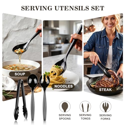 Dualshine 24 Pcs Disposable Black Plastic Serving Utensils,8 Set Including 9.72" Plastic Serving Spoons, Forks and 8.46" Tongs, for Dinner Parties, Buffets,Banquets, Events, Weddings, and Daily Use - My Kitchen Products