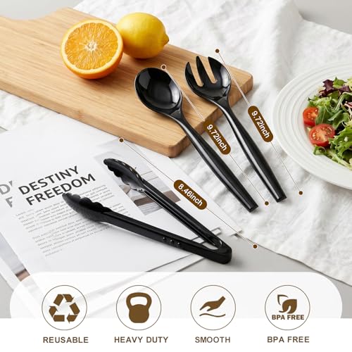 Dualshine 24 Pcs Disposable Black Plastic Serving Utensils,8 Set Including 9.72" Plastic Serving Spoons, Forks and 8.46" Tongs, for Dinner Parties, Buffets,Banquets, Events, Weddings, and Daily Use - My Kitchen Products