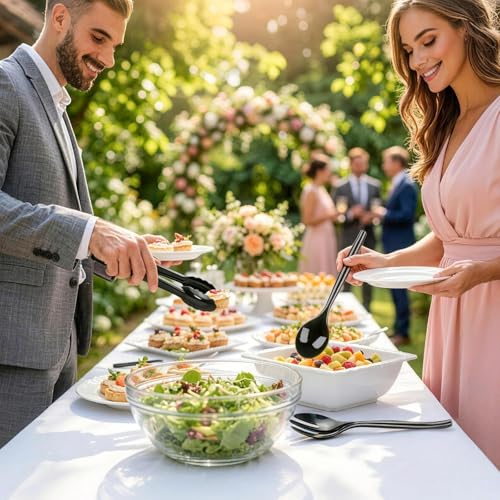 Dualshine 24 Pcs Disposable Black Plastic Serving Utensils,8 Set Including 9.72" Plastic Serving Spoons, Forks and 8.46" Tongs, for Dinner Parties, Buffets,Banquets, Events, Weddings, and Daily Use - My Kitchen Products