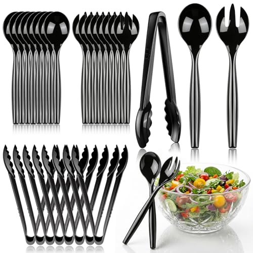 Dualshine 24 Pcs Disposable Black Plastic Serving Utensils,8 Set Including 9.72" Plastic Serving