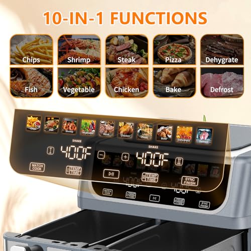 DUMOS 10-in-1 Air Fryer 9.5 QT, Large Airfryer with with 2 Independent Frying Baskets, Sync Finish & Match Cook, Shake Reminder, Wide Temperature 80-450°F, Roast Bake Defrost Dehydrate, Grey - My Kitchen Products