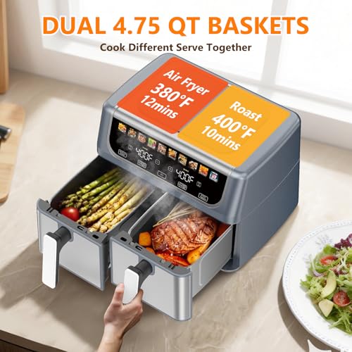 DUMOS 10-in-1 Air Fryer 9.5 QT, Large Airfryer with with 2 Independent Frying Baskets, Sync Finish & Match Cook, Shake Reminder, Wide Temperature 80-450°F, Roast Bake Defrost Dehydrate, Grey - My Kitchen Products