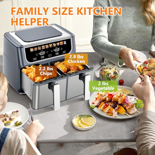 DUMOS 10-in-1 Air Fryer 9.5 QT, Large Airfryer with with 2 Independent Frying Baskets, Sync Finish & Match Cook, Shake Reminder, Wide Temperature 80-450°F, Roast Bake Defrost Dehydrate, Grey - My Kitchen Products