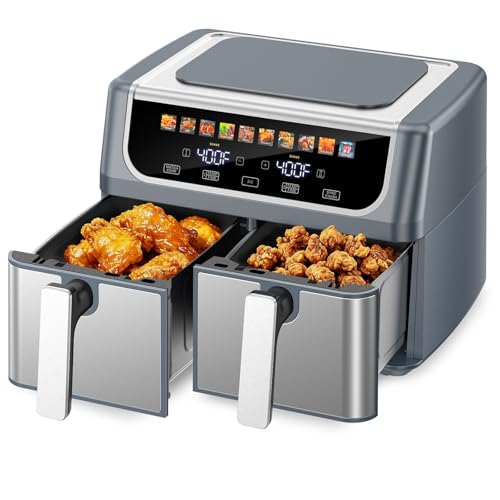 DUMOS 10-in-1 Air Fryer 9.5 QT, Large Airfryer with with 2 Independent Frying Baskets, Sync Finish & Match Cook, Shake Reminder, Wide Temperature 80-450°F, Roast Bake Defrost Dehydrate, Grey - My Kitchen Products