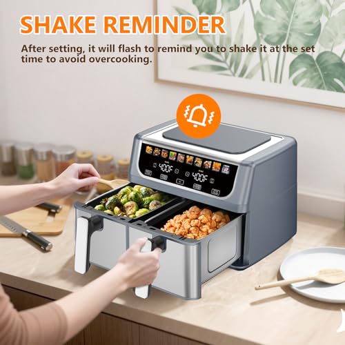 DUMOS 10-in-1 Air Fryer 9.5 QT, Large Airfryer with with 2 Independent Frying Baskets, Sync Finish & Match Cook, Shake Reminder, Wide Temperature 80-450°F, Roast Bake Defrost Dehydrate, Grey - My Kitchen Products
