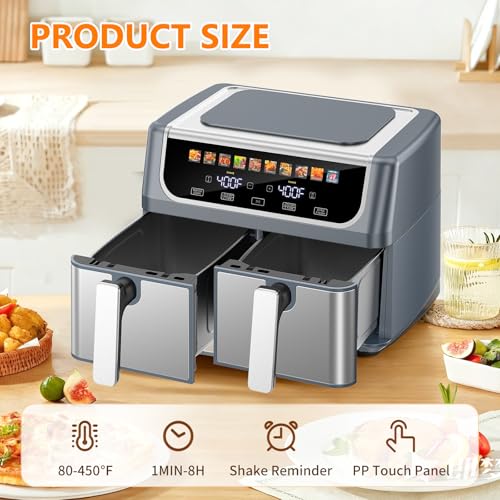 DUMOS 10-in-1 Air Fryer 9.5 QT, Large Airfryer with with 2 Independent Frying Baskets, Sync Finish & Match Cook, Shake Reminder, Wide Temperature 80-450°F, Roast Bake Defrost Dehydrate, Grey - My Kitchen Products