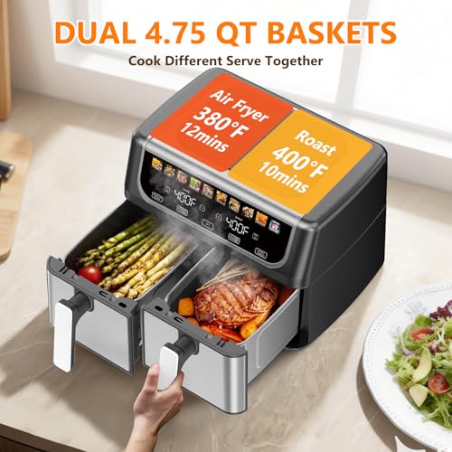 DUMOS 9.5 Quart Dual Basket Air Fryer, 10-in-1 Large Airfryer with Ceramic Crisper Plate, Sync Finish & Match Cook, Shake Reminder, Wide Temperature 80-450°F, Roast Bake Defrost Dehydrate, Black - My Kitchen Products