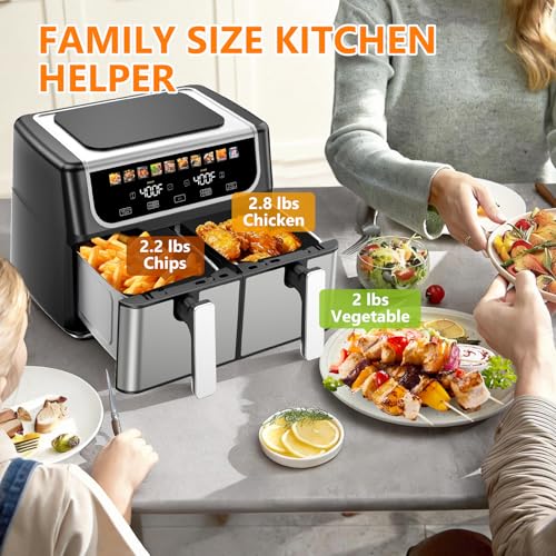 DUMOS 9.5 Quart Dual Basket Air Fryer, 10-in-1 Large Airfryer with Ceramic Crisper Plate, Sync Finish & Match Cook, Shake Reminder, Wide Temperature 80-450°F, Roast Bake Defrost Dehydrate, Black - My Kitchen Products