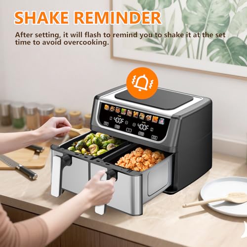 DUMOS 9.5 Quart Dual Basket Air Fryer, 10-in-1 Large Airfryer with Ceramic Crisper Plate, Sync Finish & Match Cook, Shake Reminder, Wide Temperature 80-450°F, Roast Bake Defrost Dehydrate, Black - My Kitchen Products