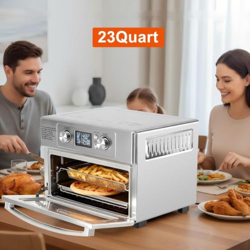 DUMOS Air Fryer Toaster Oven Combo, 23QT Toaster Ovens Countertop, 180–450°F Adjustable Temp, 60-Min Auto-Off Timer, 4-in-1 Air Fry, Toast, Broil & Bake, Stainless Steel, Accessories Included - My Kitchen Products