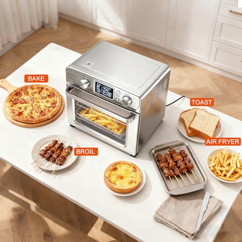 DUMOS Air Fryer Toaster Oven Combo, 23QT Toaster Ovens Countertop, 180–450°F Adjustable Temp, 60-Min Auto-Off Timer, 4-in-1 Air Fry, Toast, Broil & Bake, Stainless Steel, Accessories Included - My Kitchen Products