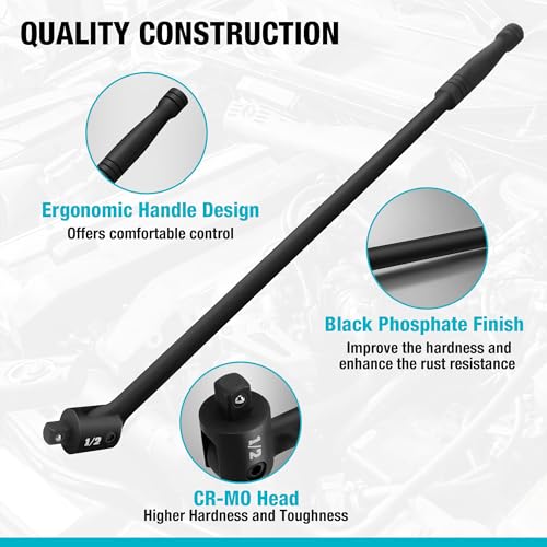 DURATECH Breaker Bar, 1/2'' Drive 24-Inch Breaker Bars Heavy Duty, with 240° Flex Head, Spring-loaded Detent Ball, CR-MO Head, Premium Black Phosphate Finish - My Kitchen Products