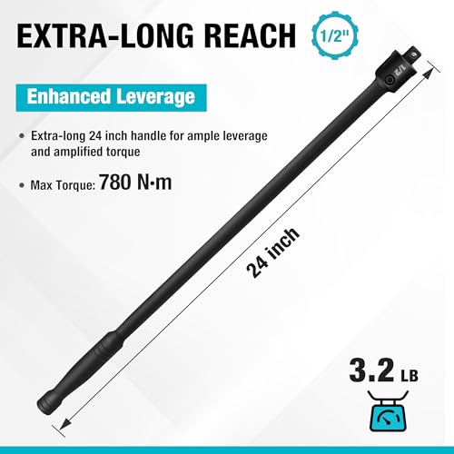 DURATECH Breaker Bar, 1/2'' Drive 24-Inch Breaker Bars Heavy Duty, with 240° Flex Head, Spring-loaded Detent Ball, CR-MO Head, Premium Black Phosphate Finish - My Kitchen Products