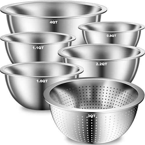 DUTZUN Heavy-Duty Stainless Steel Mixing Bowls Set of 5 plus 3QT Colander, Nesting Kitchen Metal Bowl for Baking Prep Salads Serving Cooking, Dishwasher Safe — 4.0 to 0.8 QT - My Kitchen Products