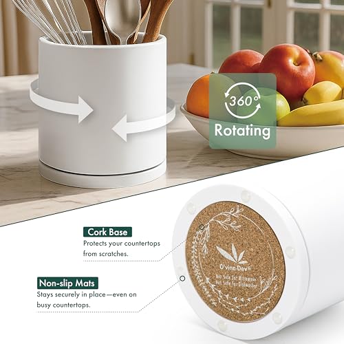 D'vine Dev 360° Rotating Utensil Holder – 7.2" Kitchen Utensil Crock for Countertop, Modern Cooking Tool Organizer for Kitchen Storage & Décor, White, 72-X-A-2 - My Kitchen Products