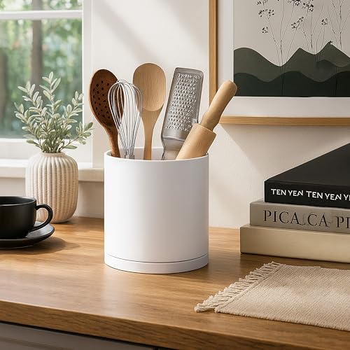 D'vine Dev 360° Rotating Utensil Holder – 7.2" Kitchen Utensil Crock for Countertop, Modern Cooking Tool Organizer for Kitchen Storage & Décor, White, 72-X-A-2 - My Kitchen Products