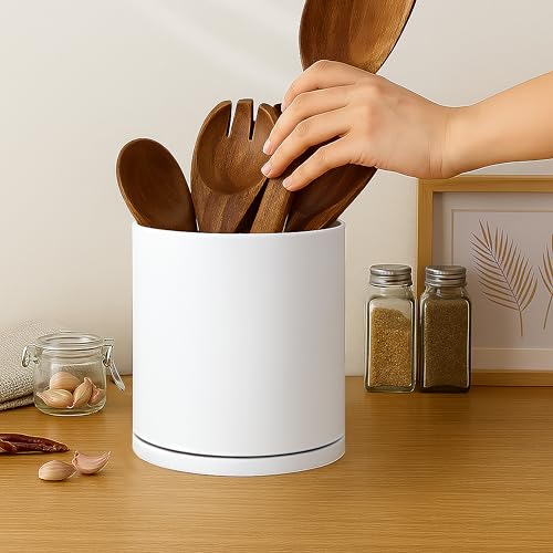 D'vine Dev 360° Rotating Utensil Holder – 7.2" Kitchen Utensil Crock for Countertop, Modern Cooking Tool Organizer for Kitchen Storage & Décor, White, 72-X-A-2 - My Kitchen Products