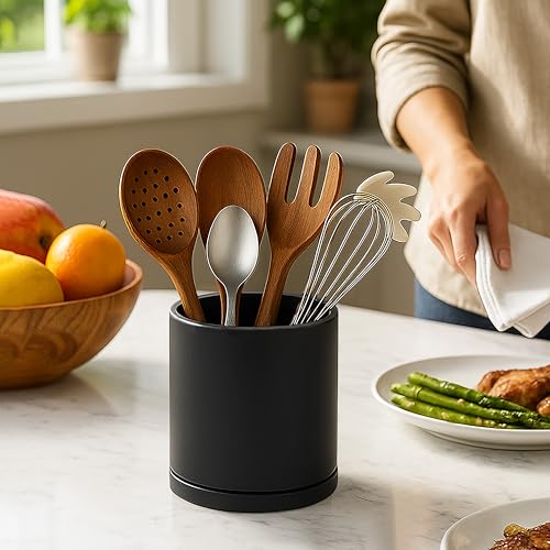 D'vine Dev 360° Rotating Utensil Holder Set – 7.2"+5" Kitchen Utensil Crocks for Countertop, Modern Cooking Tool Organizers for Kitchen Storage +Décor, Black, Set of 2, 72-Z-B-1 - My Kitchen Products